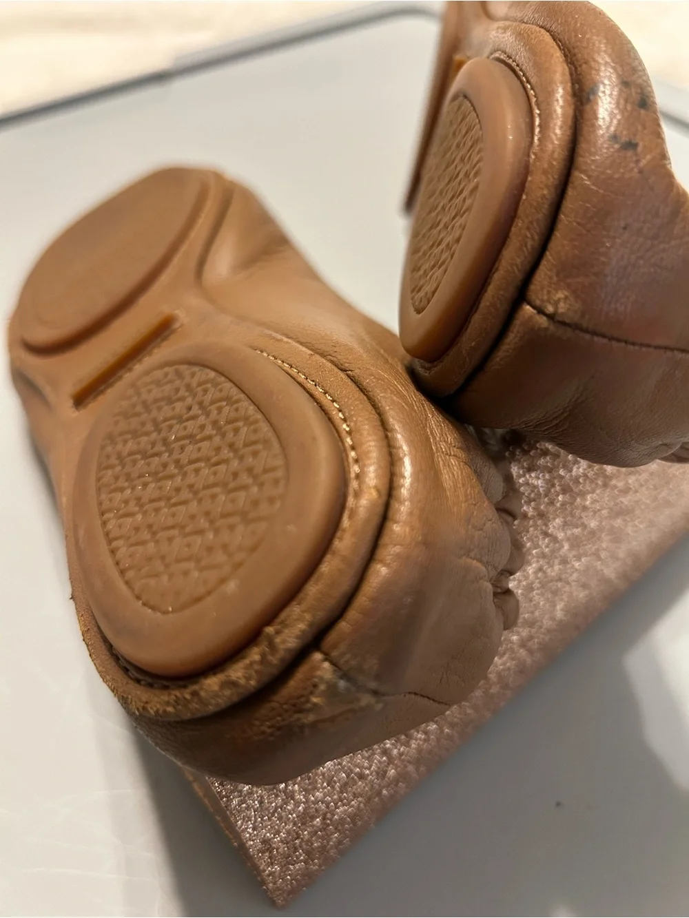 Tory Burch Tan Leather Logo Round-Toe Ballet Flats